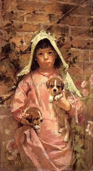 THEODORE ROBINSON GIRL WITH PUPPIES ARTIST PAINTING REPRODUCTION HANDMADE OIL