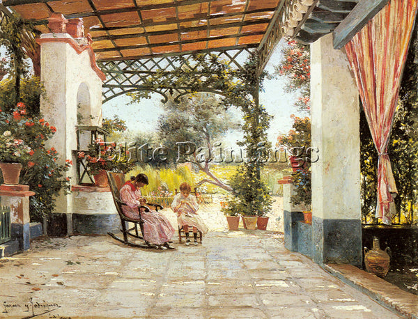 MANUEL GARCIA Y RODRIGUEZ MOTHER AND DAUGHTER SEWING ON A PATIO ARTIST PAINTING