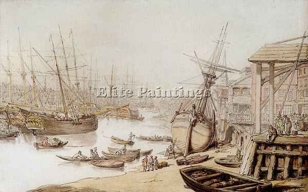 THOMAS ROWLANDSON VIEW THAMES WITH NUMEROUS SHIPS AND FIGURES ON WHARF PAINTING