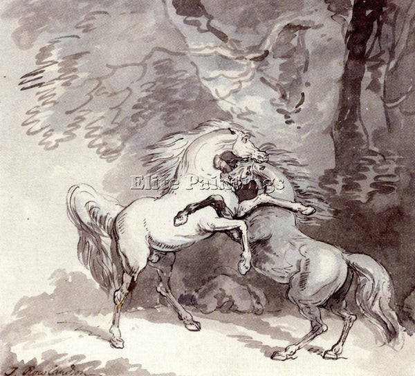 THOMAS ROWLANDSON HORSES FIGHTING ON A WOODLAND PATH ARTIST PAINTING HANDMADE