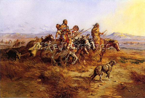 CHARLES RUSSELL INDIAN WOMEN MOVING ARTIST PAINTING REPRODUCTION HANDMADE OIL