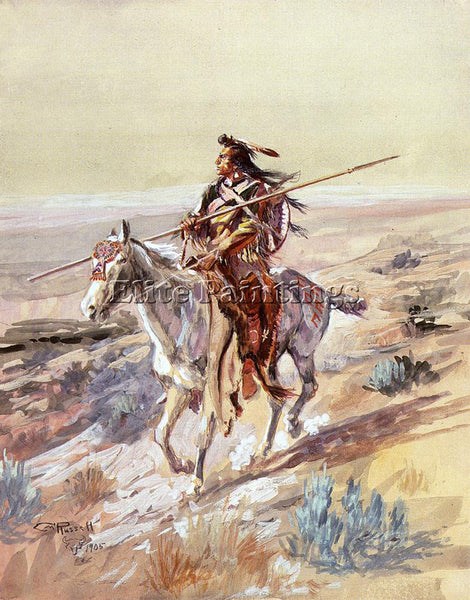 CHARLES MARION RUSSELL INDIAN WITH SPEAR ARTIST PAINTING REPRODUCTION HANDMADE