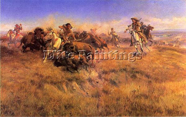 CHARLES RUSSELL RUNNING BUFFALO ARTIST PAINTING REPRODUCTION HANDMADE OIL CANVAS