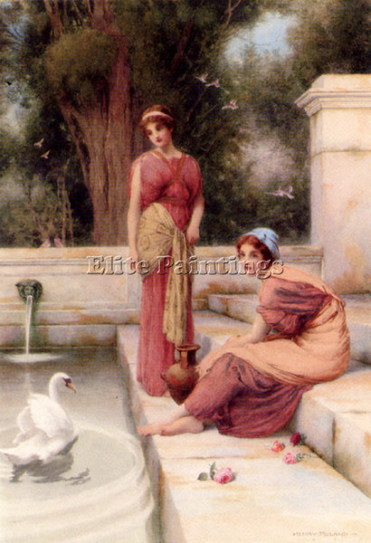 HENRY RYLAND TWO CLASSICAL MAIDENS AND A SWAN ARTIST PAINTING REPRODUCTION OIL