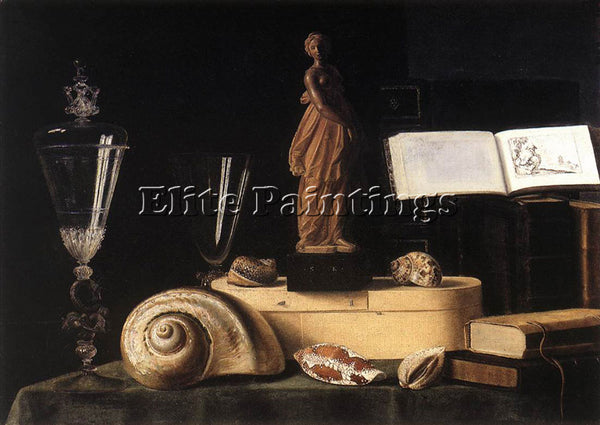 SEBASTIEN STOSKOPFF STILL LIFE WITH STATUETTE AND SHELLS ARTIST PAINTING CANVAS