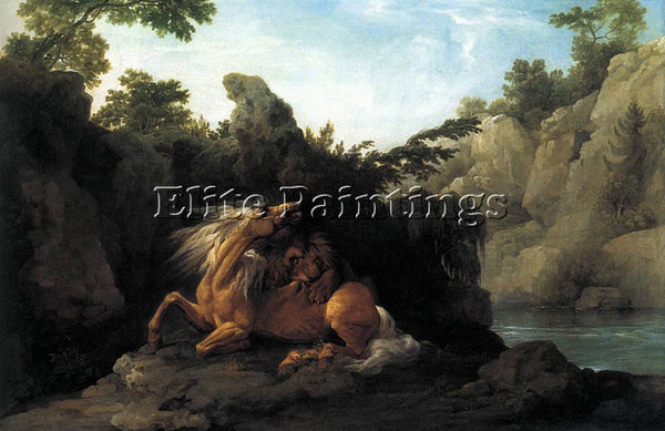 STUBBS GEORGE LION DEVOURING A HORSE ARTIST PAINTING REPRODUCTION HANDMADE OIL