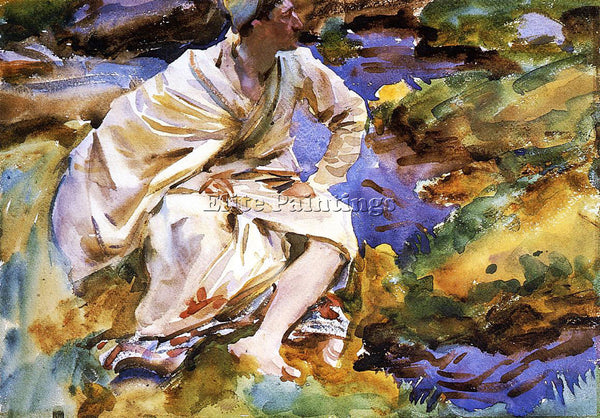 JOHN SINGER SARGENT A MAN SEATED BY A STREAM VAL D AOSTA PURTUD ARTIST PAINTING