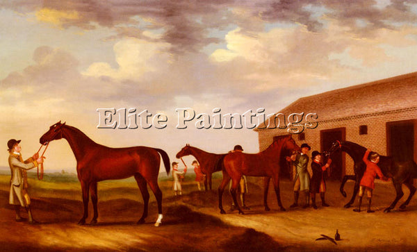 FRANCIS SARTORIUS FOUR RACEHORSES OUTSIDE RUBBING DOWN HOUSE NEWMARKET PAINTING