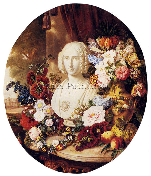 DE SARTORIUS STILL LIFE WITH ASSORTED FLOWERS FRUIT AND MARBLE BUST WOMAN CANVAS