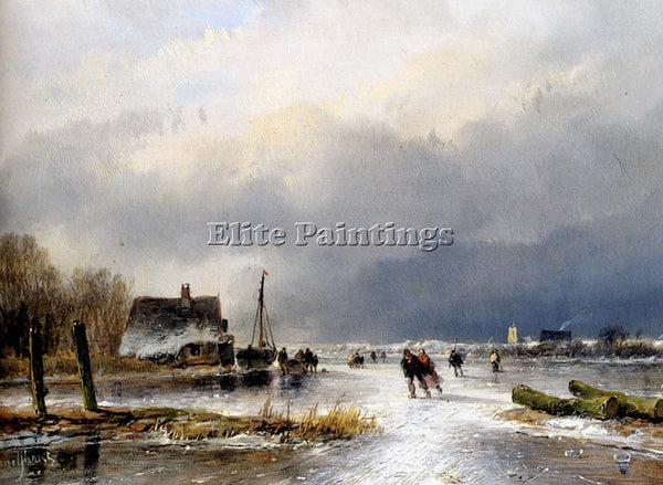 SCHELFHOUT ANDREAS WINTER LANDSCAPE WITH SKATERS ON FROZEN WATERWAY PAINTING OIL