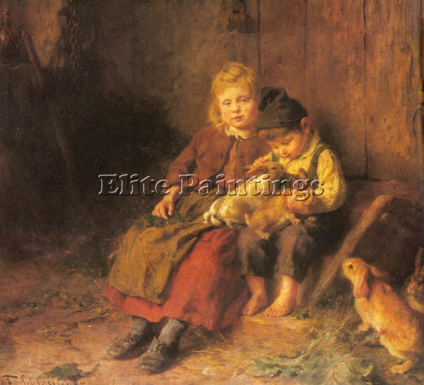 FELIX SCHLESINGER TWO CHILDREN PLAYING WITH RABBITS ARTIST PAINTING REPRODUCTION