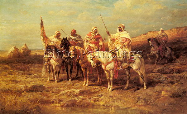 ADOLF SCHREYER ARAB HORSEMAN BY A WATERING HOLE ARTIST PAINTING REPRODUCTION OIL