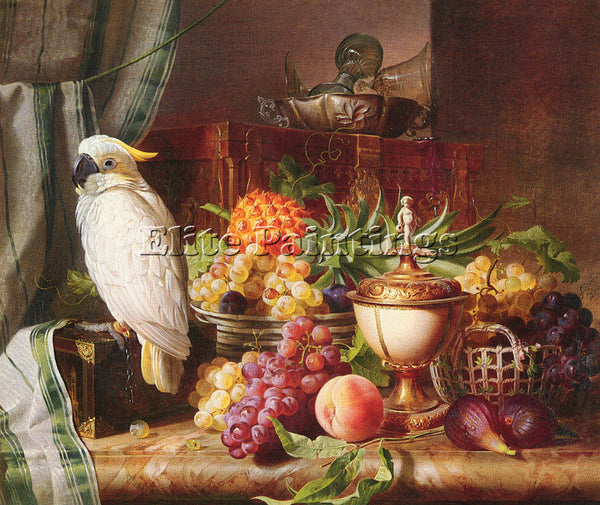 AUSTRIAN SCHUSTER JOSEF STILL LIFE WITH FRUIT AND A COCKATOO ARTIST PAINTING OIL