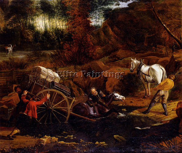 JAN SIBERECHTS FIGURES WITH A CART AND HORSES FORDING A STREAM PAINTING HANDMADE