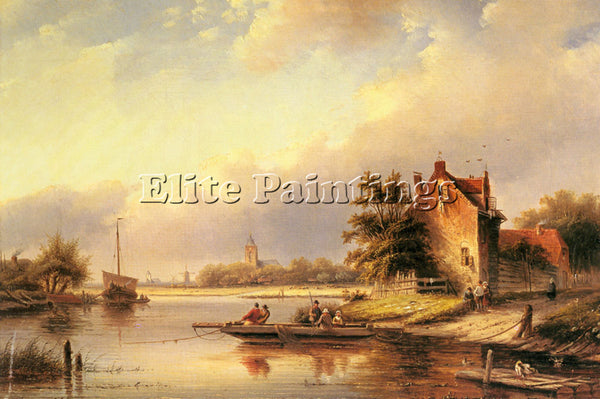 JAN JACOB COENRAAD SPOHLER A SUMMERS DAY AT THE FERRY CROSSING PAINTING HANDMADE