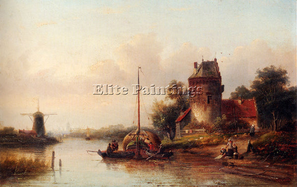 SPOHLER RIVER LANDSCAPE IN SUMMER WITH MOORED HAYBARGE BY FORTIFIED FARMHOUSE