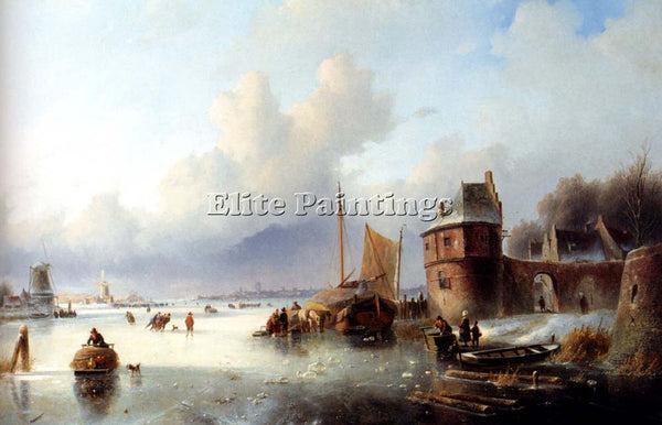 JAN SPOHLER A WINTER LANDSCAPE WITH NUMEROUS SKATERS ON FROZEN WATERWAY PAINTING