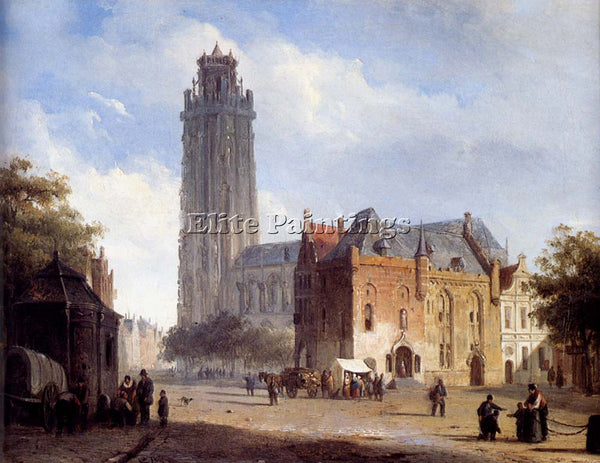 CORNELIS SPRINGER A CATHEDRAL ON A TOWNSQUARE IN SUMMER ARTIST PAINTING HANDMADE