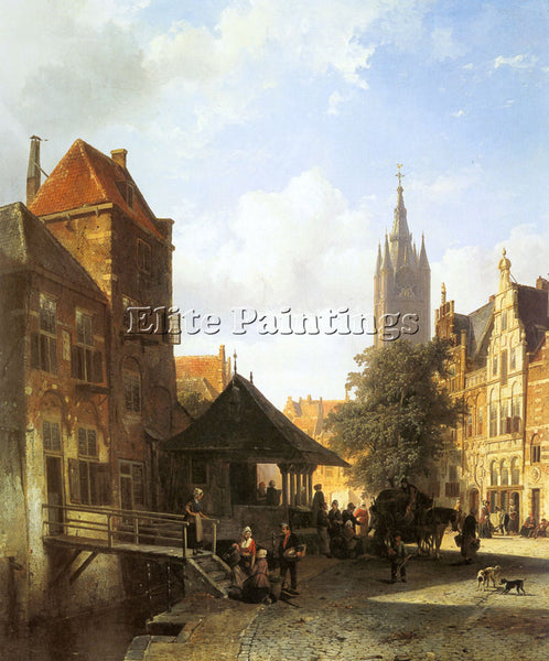 CORNELIS SPRINGER FIGURES IN A STREET IN DELFT ARTIST PAINTING REPRODUCTION OIL