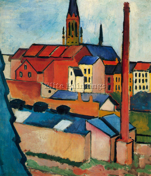 MACKE ST MARY S CHURCH WITH HOUSES AND CHIMNEY ARTIST PAINTING REPRODUCTION OIL