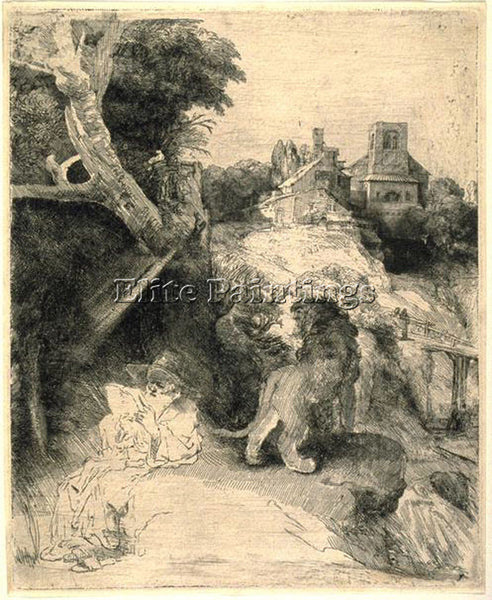 REMBRANDT ST JEROME READING IN AN ITALIAN LANDSCAPE SIL ARTIST PAINTING HANDMADE
