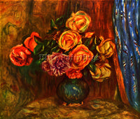 RENOIR STILL LIFE ROSES BEFORE A BLUE CURTAIN ARTIST PAINTING REPRODUCTION OIL