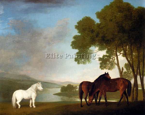 STUBBS GEORGE TWO BAY MARES AND A GREY PONY IN A LANDSCAPE ARTIST PAINTING REPRO