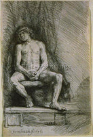 REMBRANDT STUDY FROM THE NUDE MAN SEATED BEFORE A CURTAIN SIL PAINTING HANDMADE