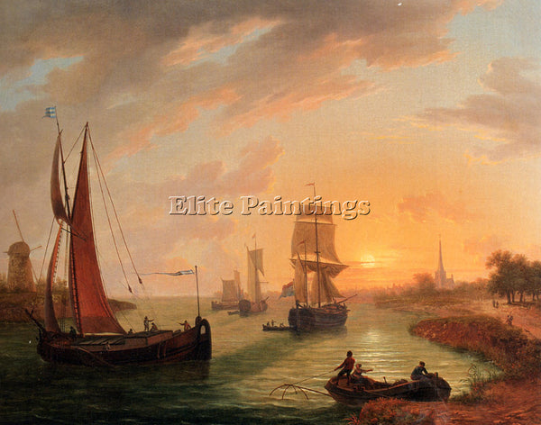 BELGIAN SWAGERS FRANS AN ESTUARY WITH VARIOUS SHIPPING AT SUNSET ARTIST PAINTING