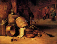 DAVID TENIERS INTERIOR SCENE WITH POTS BARRELS BASKETS ONIONS CABBAGES PAINTING