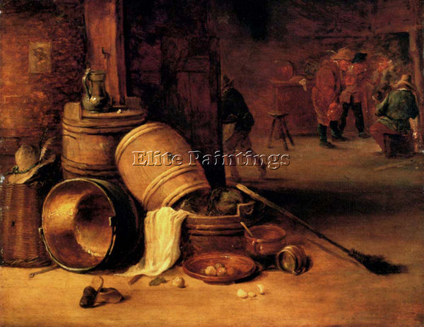 DAVID TENIERS INTERIOR SCENE WITH POTS BARRELS BASKETS ONIONS CABBAGES PAINTING