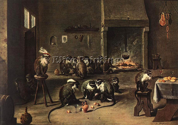 DAVID TENIERS THE YOUNGER TENNIERS YOUNGER DAVID APES IN KITCHEN ARTIST PAINTING