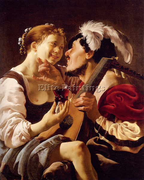 TERBRUGGHEN A LUTEPLAYER CAROUSING WITH YOUNG WOMAN HOLDING ROEMER REPRODUCTION