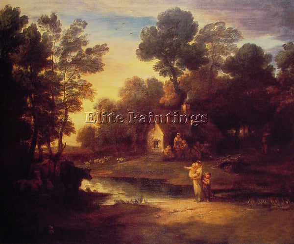 THOMAS GAINSBOROUGH WOODED LANDSCAPE WITH CATTLE BY POOL AND COTTAGE OIL CANVAS