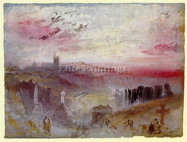 WILLIAM TURNER VIEW OVER TOWN AT SUSET CEMETERY IN FOREGROUND PAINTING HANDMADE