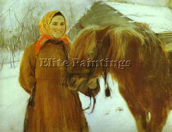 VALENTIN SEROV IN A VILLAGE PEASANT WOMAN WITH A HORSE 1898 ARTIST PAINTING OIL
