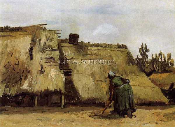 VINCENT VAN GOGH COTTAGE WITH WOMAN DIGGING ARTIST PAINTING HANDMADE OIL CANVAS