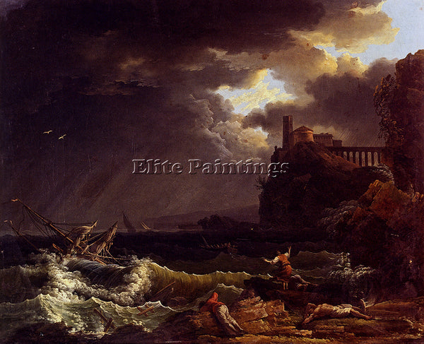 VERNET CLAUDE-JOSEPH A SHIPWRECK IN A STORMY SEA BY THE COAST PAINTING HANDMADE