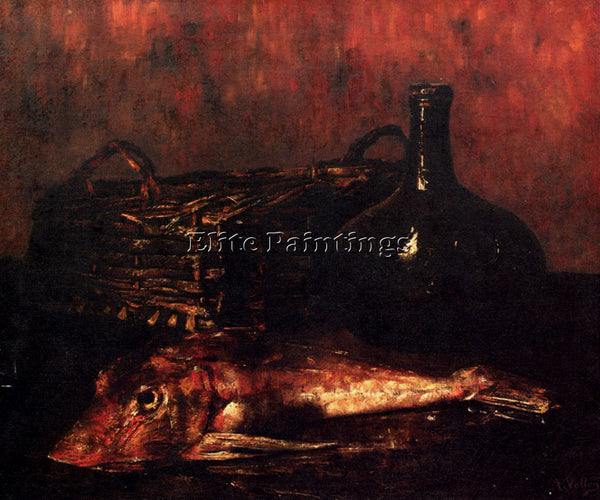 VOLLON ANTOINEA STILL LIFE WITH A FISH A BOTTLE AND A WICKER BASKET PAINTING OIL