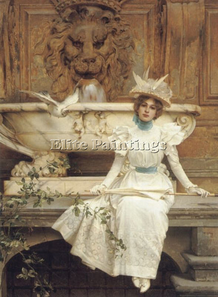 VITTORIO CORCOS WAITING BY THE FOUNTAIN ARTIST PAINTING REPRODUCTION HANDMADE
