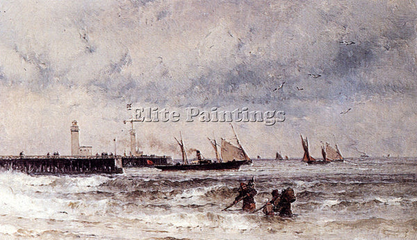 GERMAN WEBER THEODORE SHIPPING NEAR A HARBOUR ENTRANCE ARTIST PAINTING HANDMADE