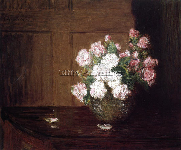 WEIR JULIAN ALDEN ROSES IN A SILVER BOWL ON A MAHOGANY TABLE ARTIST PAINTING OIL