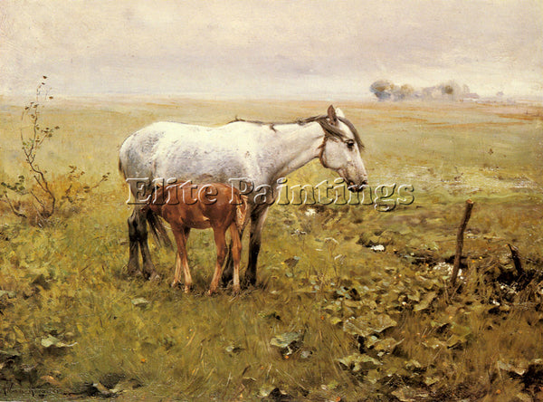 VON WIERUSZ-KOWALSKI A MARE AND HER FOAL IN A LANDSCAPE ARTIST PAINTING HANDMADE