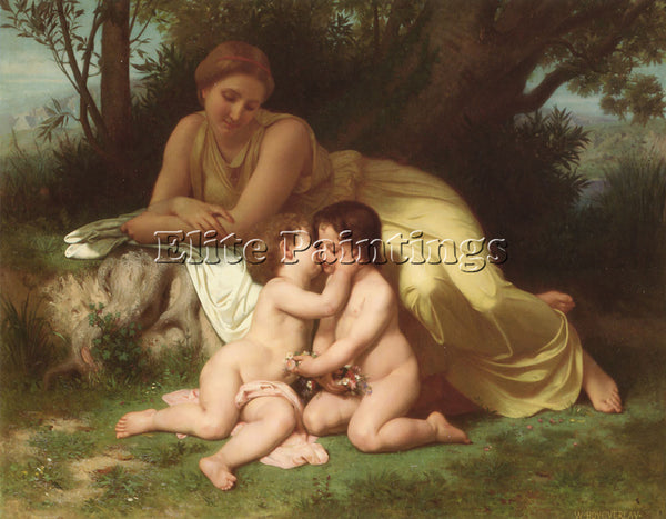 WILLIAM-A BOUGUEREAU YOUNG WOMAN CONTEMPLATING TWO EMBRACING CHILDREN ARTIST OIL