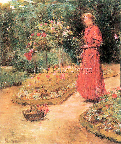 HASSAM WOMAN CUTS ROSES IN A GARDEN ARTIST PAINTING REPRODUCTION HANDMADE OIL