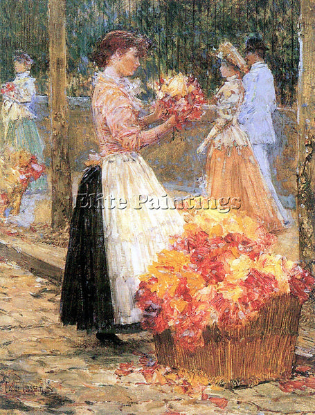 HASSAM WOMAN SELLS FLOWERS ARTIST PAINTING REPRODUCTION HANDMADE OIL CANVAS DECO