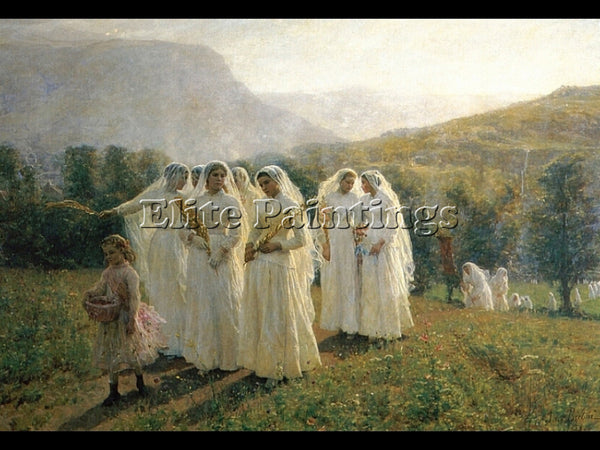 JULES BRETON YOUNG WOMEN GOING TO A PROCESSION ARTIST PAINTING REPRODUCTION OIL