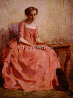 CHARLES CHAPLIN GIRL IN A PINK DRESS READING WITH A DOG ARTIST PAINTING HANDMADE