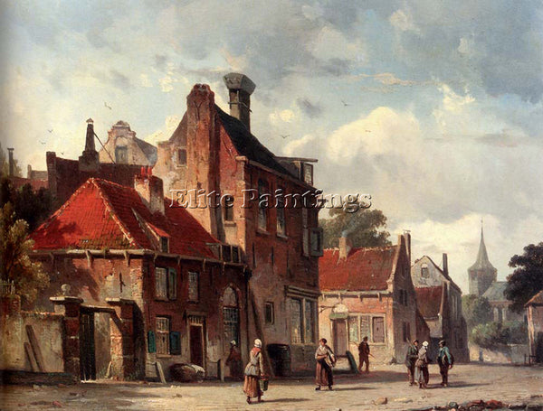 ADRIANUS EVERSEN VIEW OF TOWN WITH FIGURES IN A SUNLIT STREET PAINTING HANDMADE