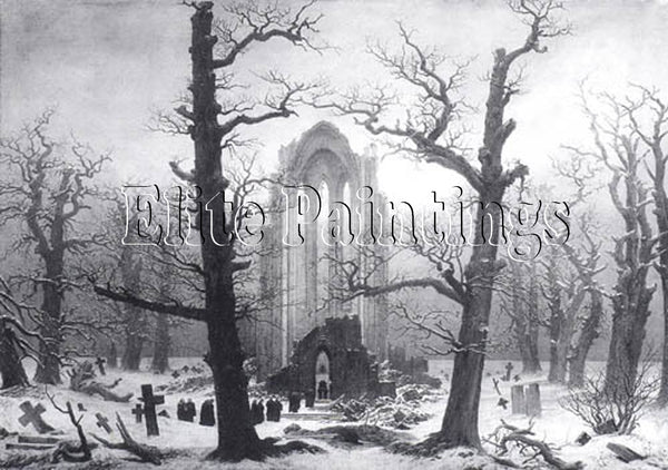 FAMOUS PAINTINGS MONASTERY CEMETERY IN THE SNOW HI ARTIST PAINTING REPRODUCTION